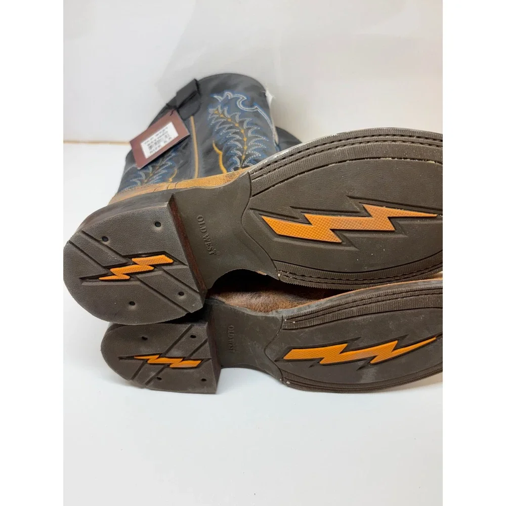 Old West BSY1960 Youth Cowboy Boots Burnt Tan Navy Blue Wide Square Toe 5.5 D